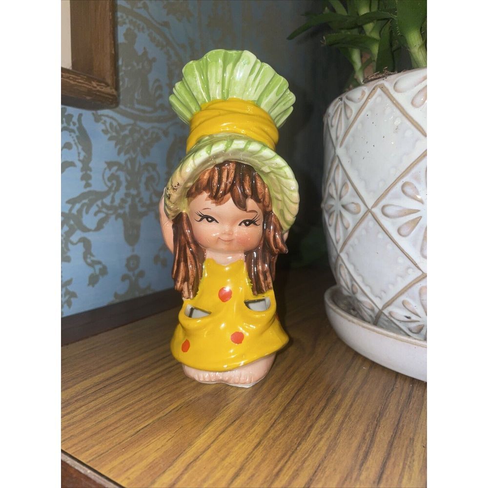 Lefton Girl Head Vase‎ Yellow Polka Dot 1960's Headvase Vintage Retro